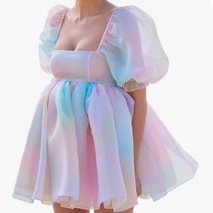 Women Puff Sleeve Ruffle Dress Flowy Princess Summer Fairy Bubble Tulle Poofy